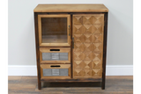 The rustic cabinet features a wooden frame with a geometric patterned door, a glass front compartment, and two metal-handled drawers for storage