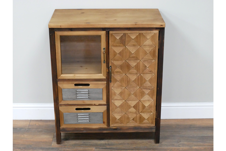 This rustic cabinet features a wooden top, a glass-fronted compartment, a geometric-patterned door, and two metal-handled drawers for stylish storage
