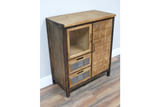 This rustic cabinet features a wooden design with a glass display section, two drawers with metal handles, and a decorative patterned door for stylish storage