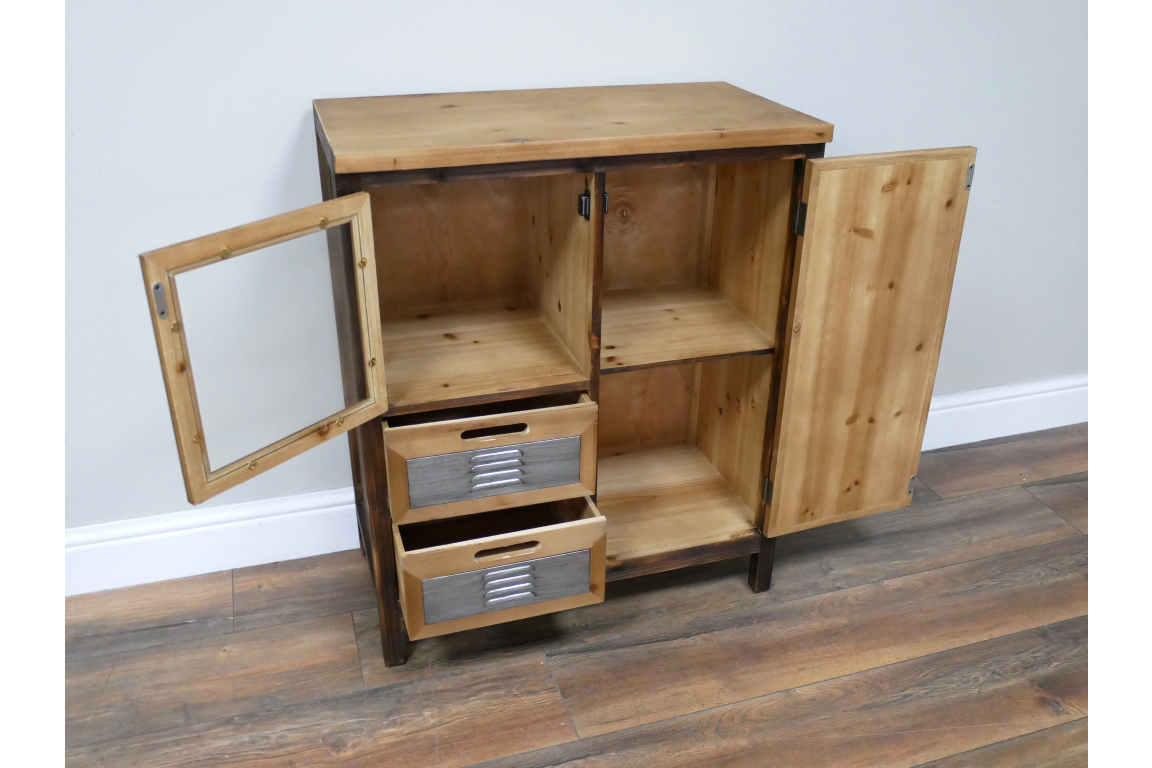 This rustic cabinet features a natural wood finish, two shelves, a glass-paneled door, and two metal-handled drawers for stylish storage and organization