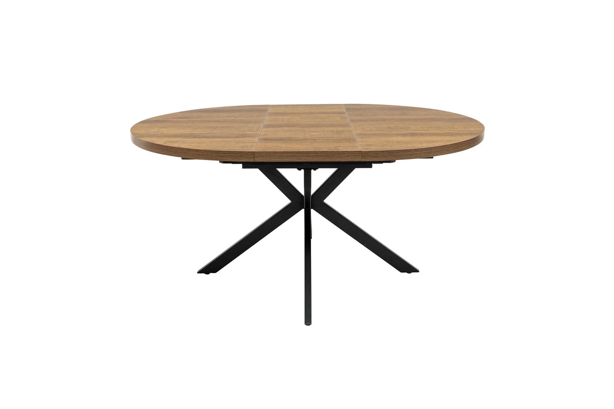 Round wood dining table with black metal legs, modern design, front angle view