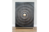 The Solstice Wine Cabinet features a sleek black exterior with a striking circular design and a gold accent knob, resting on a minimalist gold base