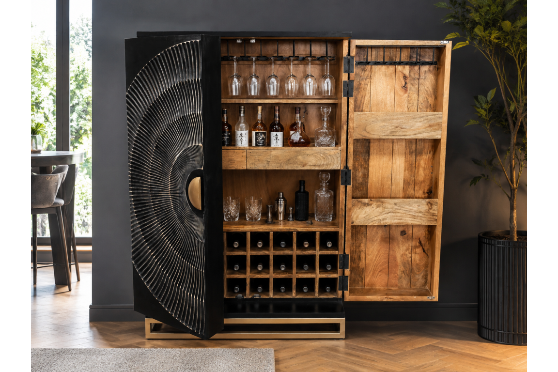 The Solstice Wine Cabinet features a striking black exterior with a textured design, showcasing wooden shelves for bottles and glassware, and a spacious wine storage section