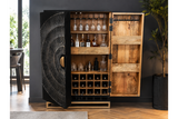 The Solstice Wine Cabinet features a striking black exterior with a textured design, showcasing wooden shelves for bottles and glassware, and a spacious wine storage section