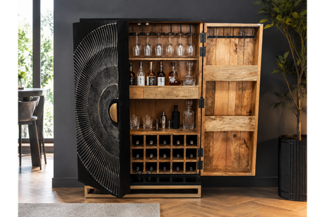 The Solstice Wine Cabinet features a striking black exterior with a textured design, showcasing wooden shelves for bottles and glassware, and a spacious wine storage section
