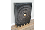 The Solstice Wine Cabinet features a sleek black finish with a textured circular design on the doors and a stylish gold base for an elegant storage solution