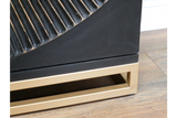 The Solstice Wine Cabinet features a sleek black finish with a textured design on the door and a stylish gold base, perfect for storing and displaying wine