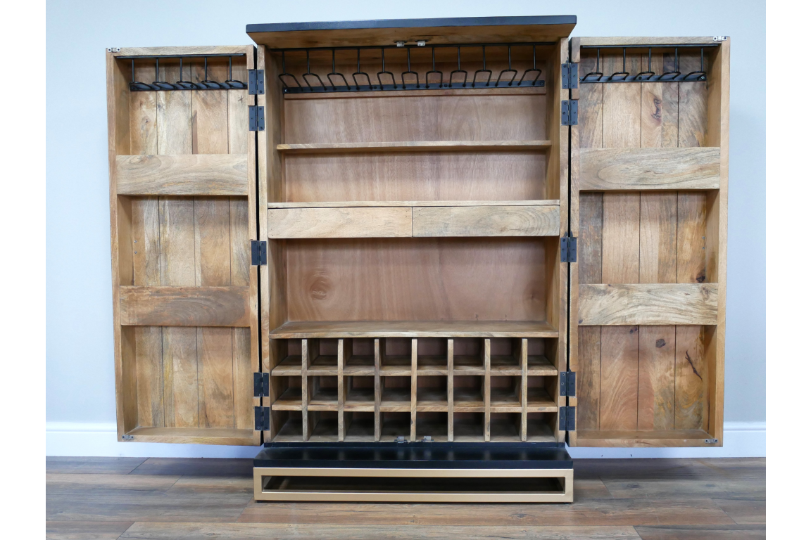 The black Solstice Wine Cabinet features two doors, multiple shelves, a wine rack for bottles, and a sleek design that s any living space