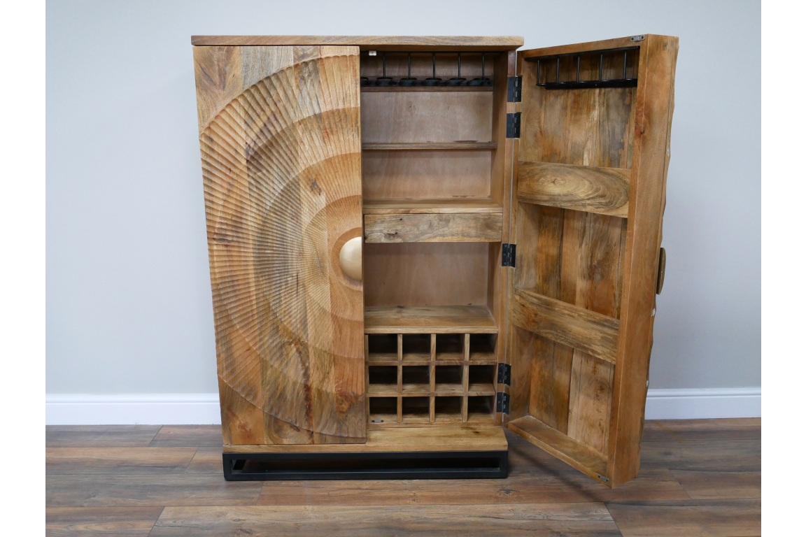 The natural wood wine cabinet features a textured design on the front, with ample storage space including wine racks, shelves, and hooks for glasses