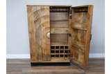 The natural wood wine cabinet features a textured design on the front, with ample storage space including wine racks, shelves, and hooks for glasses