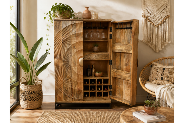 The natural wood wine cabinet features a unique carved design, multiple shelves for bottles and glasses, and an open space for decorative items, enhancing any living space