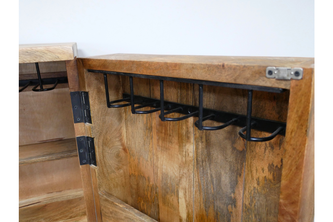 The natural wood wine cabinet features a spacious interior with shelves and a metal rack for holding wine bottles securely
