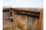 The natural wood wine cabinet features a spacious interior with shelves and a metal rack for holding wine bottles securely