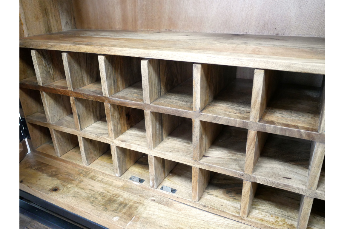 The natural wood wine cabinet features multiple compartments for storing bottles, showcasing a rustic design with a warm finish and sturdy construction