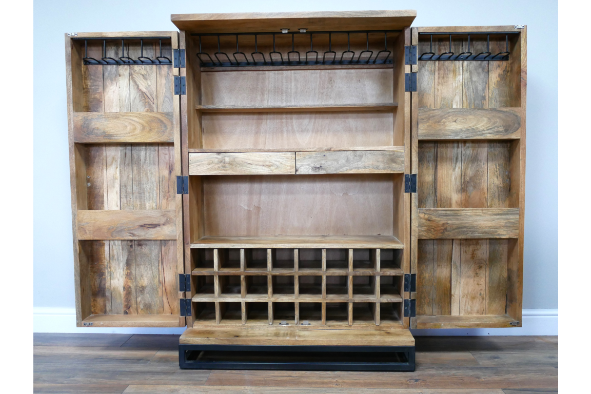 The natural wood Solstice wine cabinet features two side doors, a top shelf, a middle shelf, and a bottom wine rack with space for multiple bottles