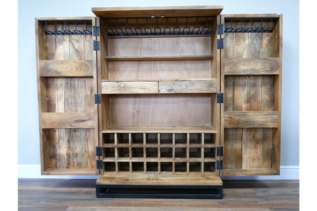 The natural wood Solstice wine cabinet features two side doors, a top shelf, a middle shelf, and a bottom wine rack with space for multiple bottles