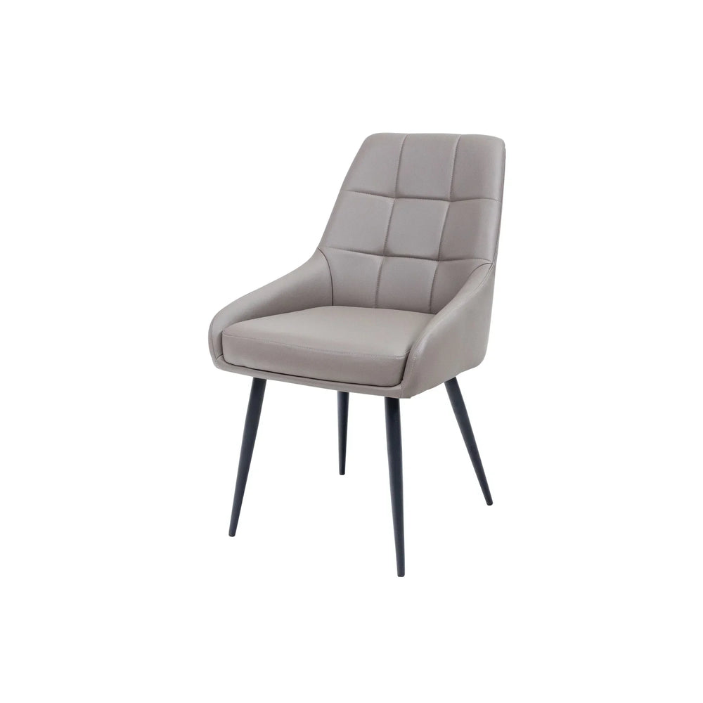 Taupe upholstered dining chair with black metal legs and grid stitched backrest