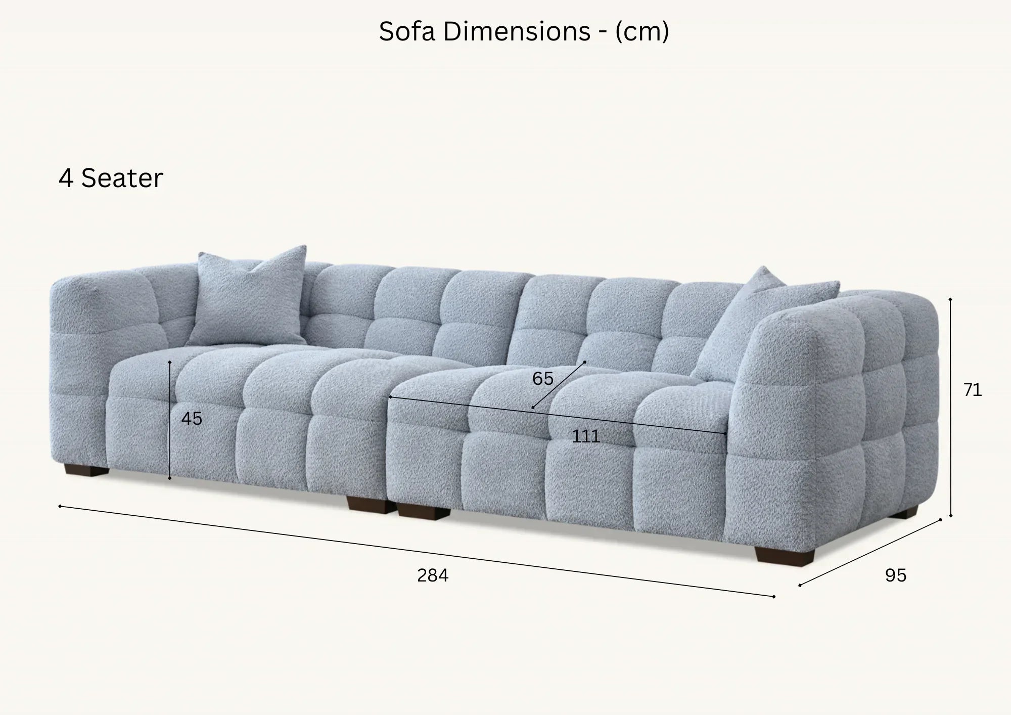 Light grey 4 seater sofa, tufted upholstery, with dimensions in cm, corner angle view