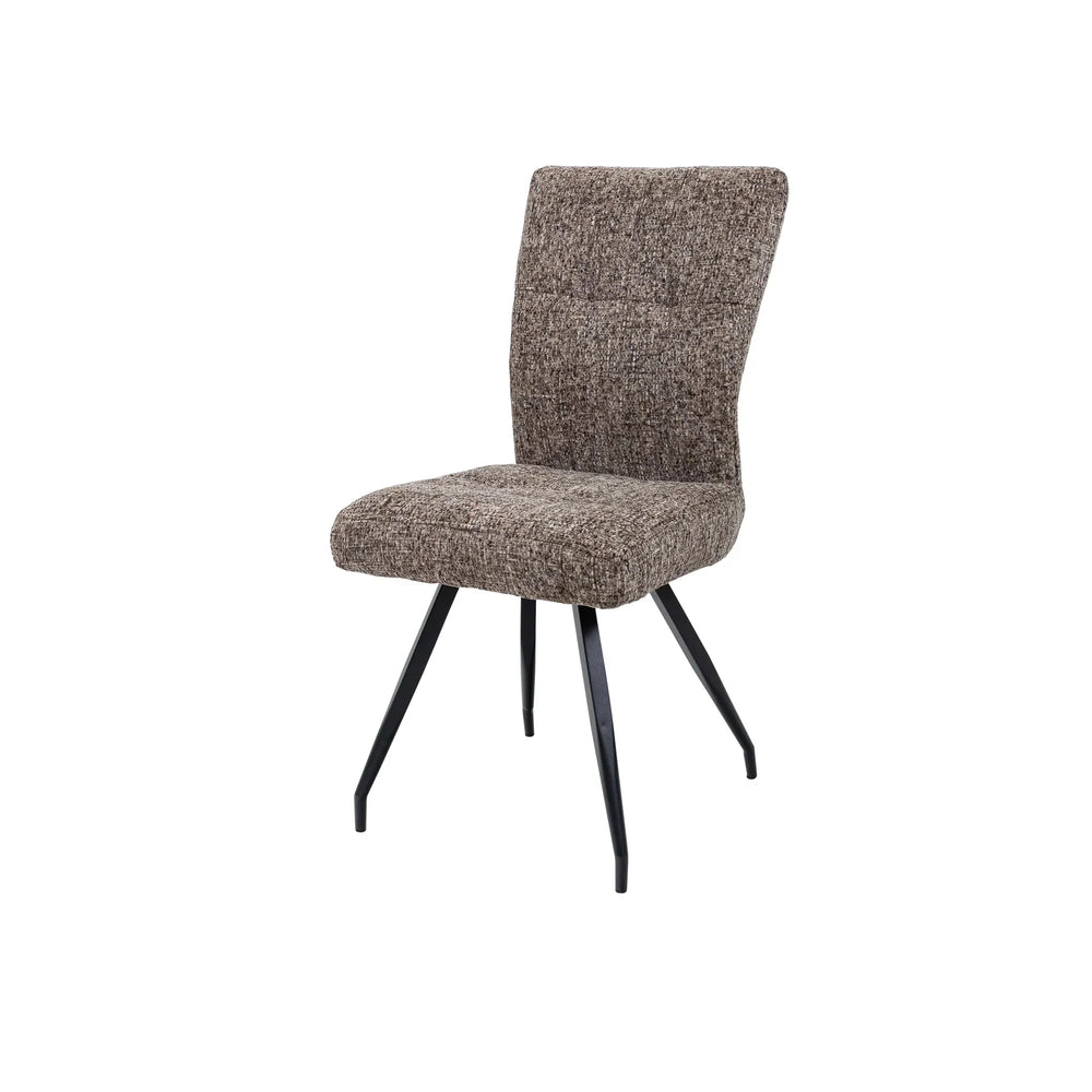 Brown fabric dining chair with metal legs, angled front view
