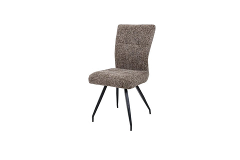 Brown fabric dining chair with metal legs, angled front view