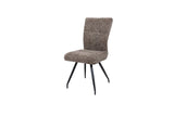 Brown fabric dining chair with metal legs, angled front view
