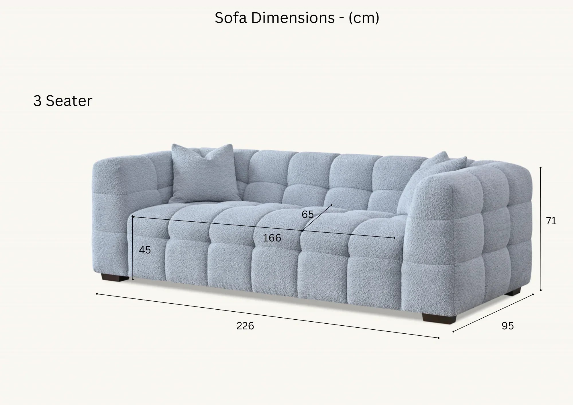 Grey 3 seater sofa with textured upholstery and visible dimensions in centimeters