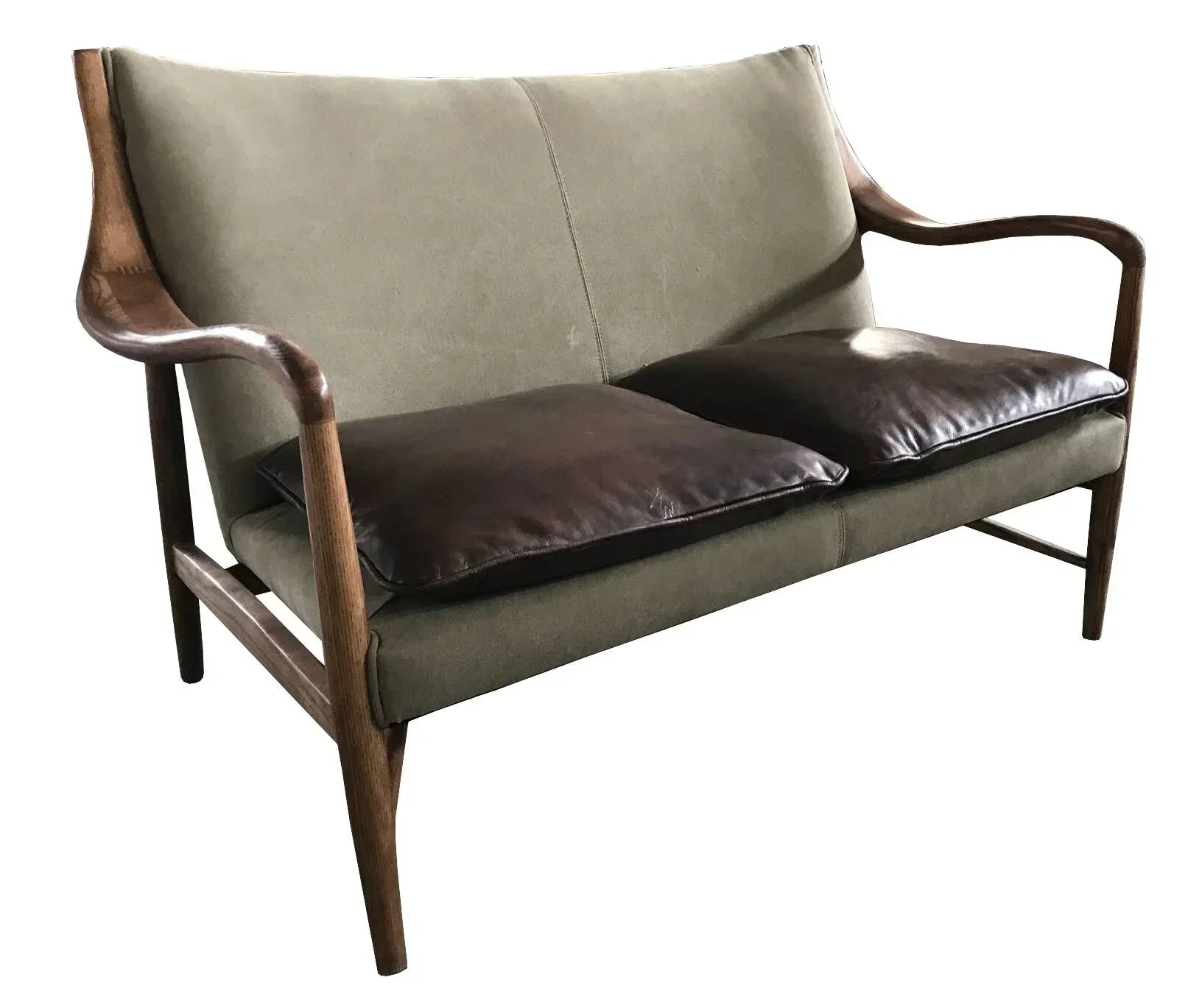 Wood frame two seater sofa with olive green upholstery and dark brown leather seat cushions