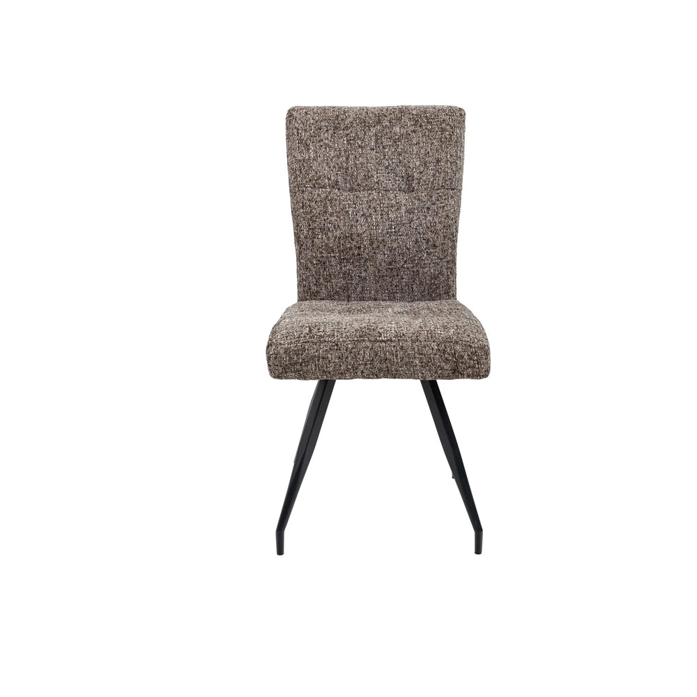Brown fabric dining chair with black metal legs, front view, modern furniture seating