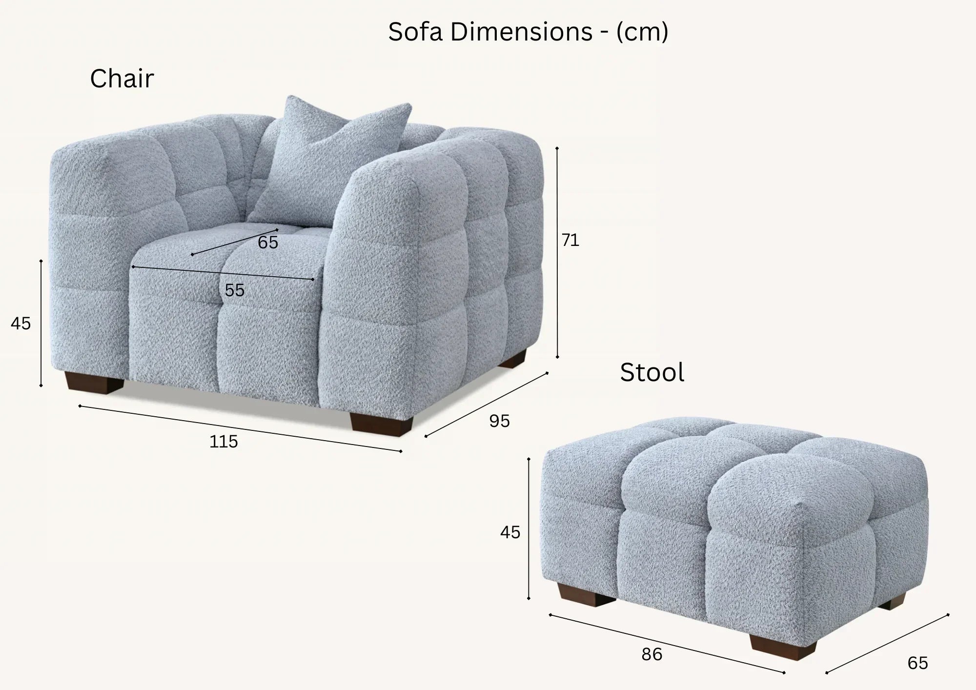 Light grey textured armchair and matching stool with visible dimensions in centimeters