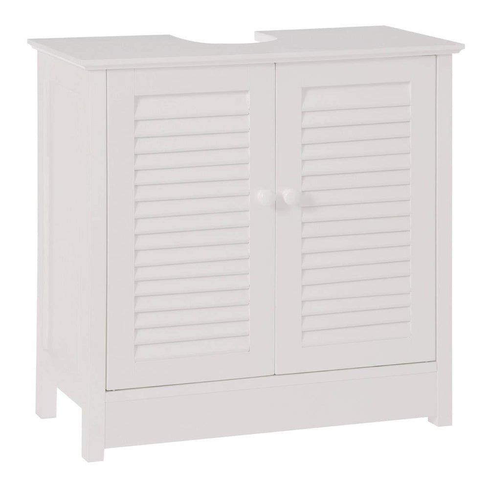 White wood under sink bathroom cabinet featuring a shutter design on the doors, two round knobs for easy access, and a compact structure suitable for small spaces. The cabinet has a flat top surface and is designed to fit neatly under a sink
