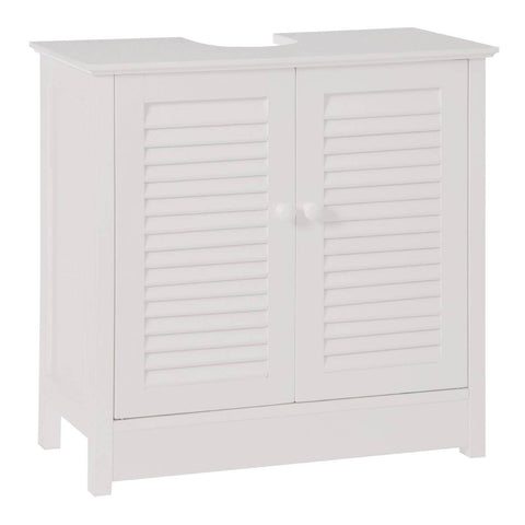White wood under sink bathroom cabinet featuring a shutter design on the doors, two round knobs for easy access, and a compact structure suitable for small spaces. The cabinet has a flat top surface and is designed to fit neatly under a sink