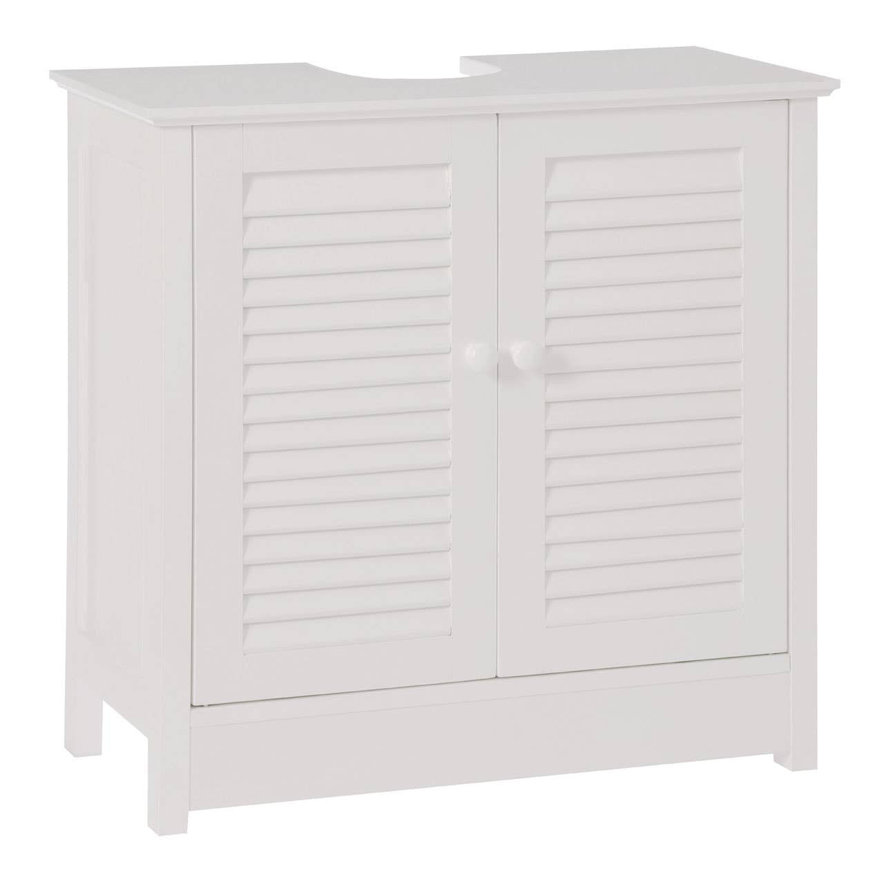 White wood under sink bathroom cabinet featuring a shutter design on the doors, two round knobs for easy access, and a compact structure suitable for small spaces. The cabinet has a flat top surface and is designed to fit neatly under a sink