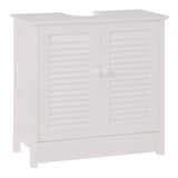 White wood under sink bathroom cabinet featuring a shutter design on the doors, two round knobs for easy access, and a compact structure suitable for small spaces. The cabinet has a flat top surface and is designed to fit neatly under a sink