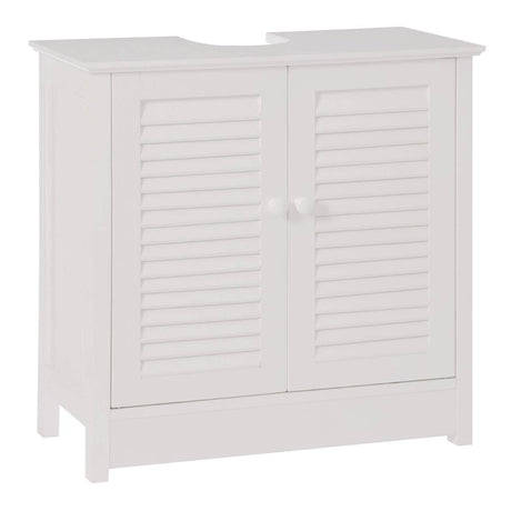 White wood under sink bathroom cabinet featuring a shutter design on the doors, two round knobs for easy access, and a compact structure suitable for small spaces. The cabinet has a flat top surface and is designed to fit neatly under a sink