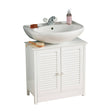 White wood under sink bathroom cabinet with shutter-style doors, featuring a round basin sink on top. The cabinet has a smooth surface and is accessorized with a soap dish and a bottle, creating a clean and modern look suitable for bathroom decor
