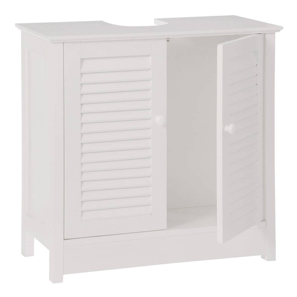 White wooden under sink bathroom cabinet featuring a shutter design, two doors with round knobs, and a flat top surface. The cabinet has a simple, modern aesthetic suitable for bathroom storage