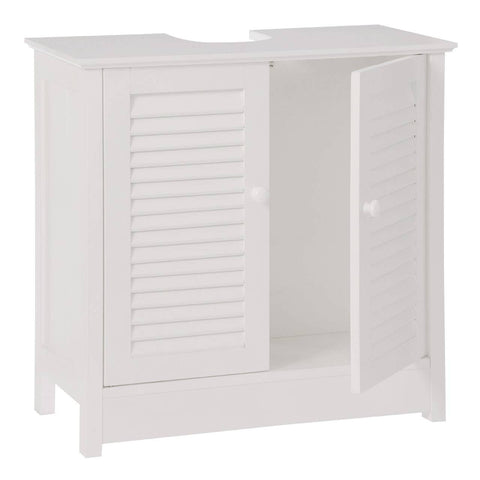 White wooden under sink bathroom cabinet featuring a shutter design, two doors with round knobs, and a flat top surface. The cabinet has a simple, modern aesthetic suitable for bathroom storage