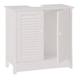 White wooden under sink bathroom cabinet featuring a shutter design, two doors with round knobs, and a flat top surface. The cabinet has a simple, modern aesthetic suitable for bathroom storage