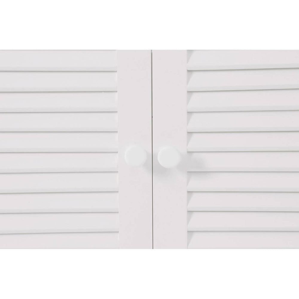 White wood under sink bathroom cabinet featuring shutter-style doors with horizontal slats and a round knob in the center for easy access. The cabinet has a clean, modern design suitable for various bathroom styles