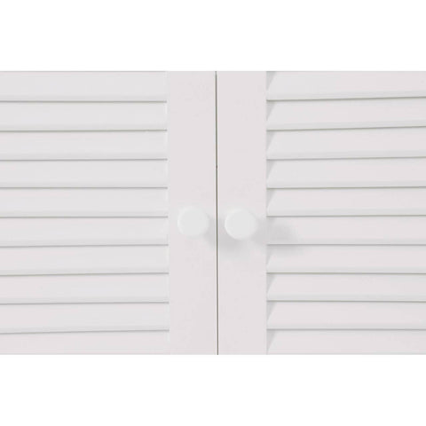 White wood under sink bathroom cabinet featuring shutter-style doors with horizontal slats and a round knob in the center for easy access. The cabinet has a clean, modern design suitable for various bathroom styles