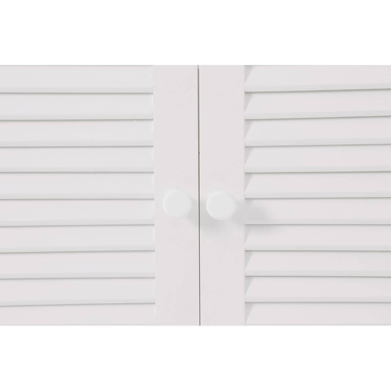 White wood under sink bathroom cabinet featuring shutter-style doors with horizontal slats and a round knob in the center for easy access. The cabinet has a clean, modern design suitable for various bathroom styles