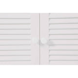 White wood under sink bathroom cabinet featuring shutter-style doors with horizontal slats and a round knob in the center for easy access. The cabinet has a clean, modern design suitable for various bathroom styles