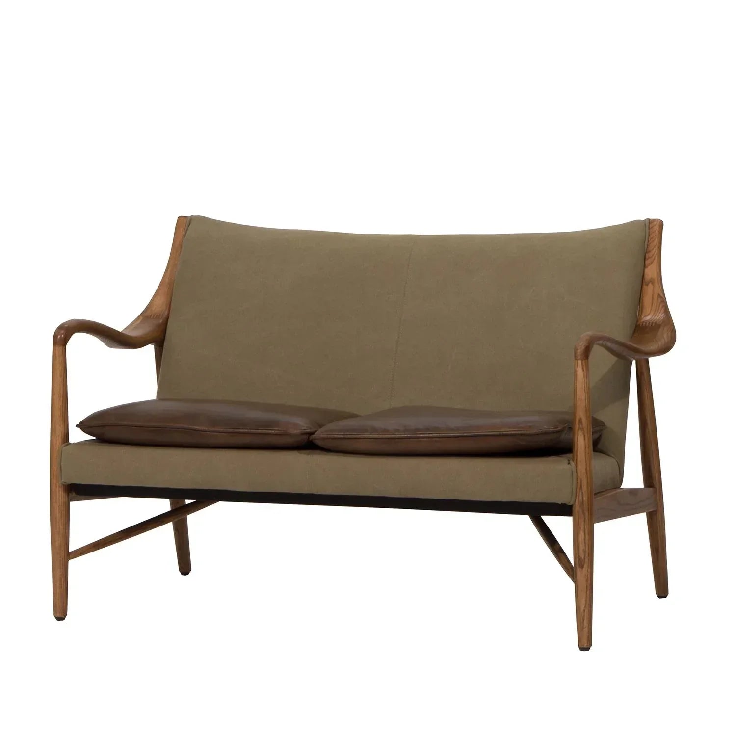 Mid-century modern wooden frame sofa with olive green upholstery and brown leather cushions