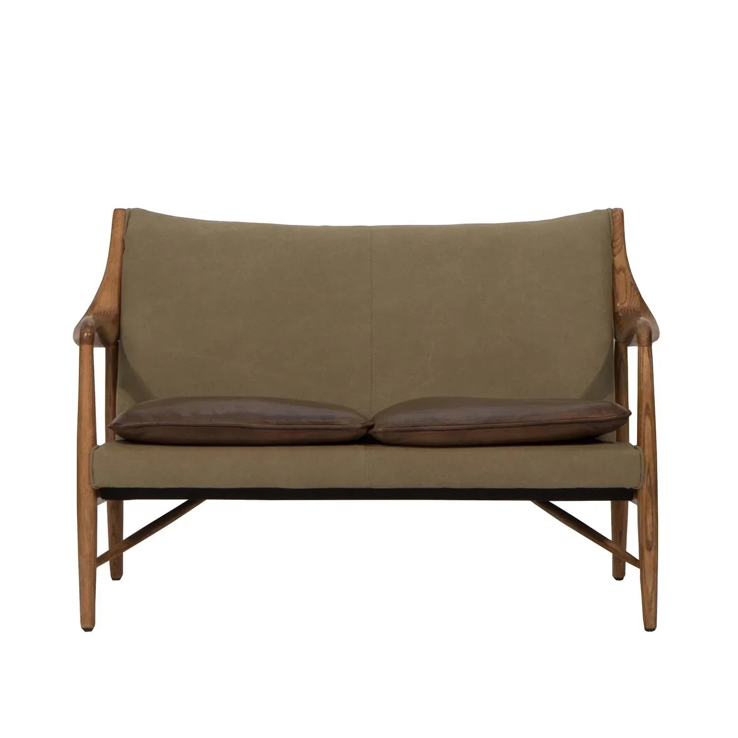 Two-seater wooden frame sofa with olive green upholstery and brown leather seat cushions