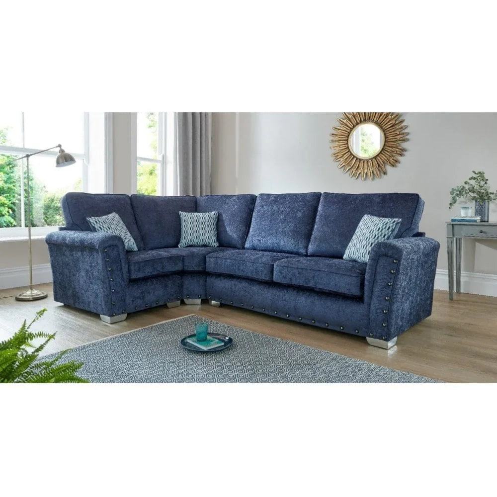 Buy blue corner sofa online, velvet L-shaped couch for living room, modern sectional seating
