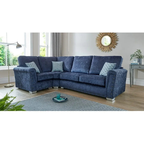 Buy blue corner sofa online, velvet L-shaped couch for living room, modern sectional seating