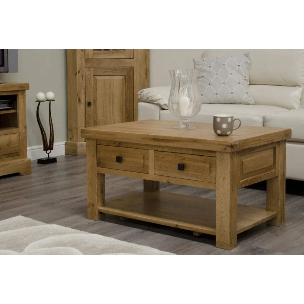 Buy oak coffee table online, solid wood living room furniture with drawers, rustic style
