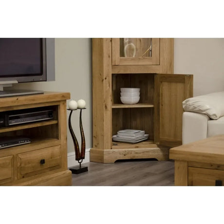 Buy oak corner cabinet online, solid wood storage unit for living room, rustic furniture