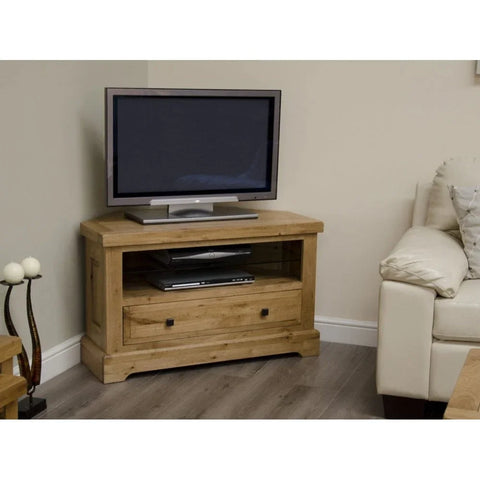 Buy oak corner TV unit with drawer online, wooden media stand for living room