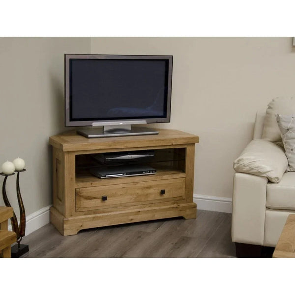 Buy oak corner TV unit with drawer online, wooden media stand for living room